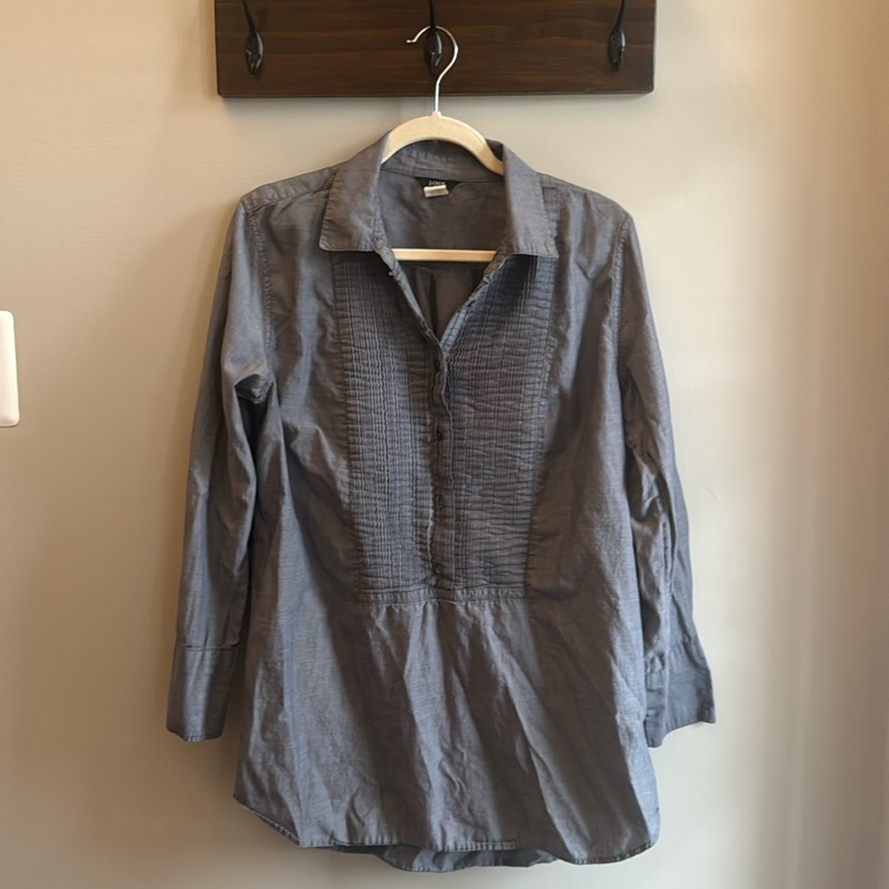 J. Crew Popover, Blue-Gray with Tuxedo Style Bib, 100% Cotton, Size M